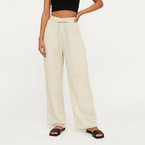 Paper Crane Women's Green and Cream Textured Gingham High-Waisted Lounge Pants